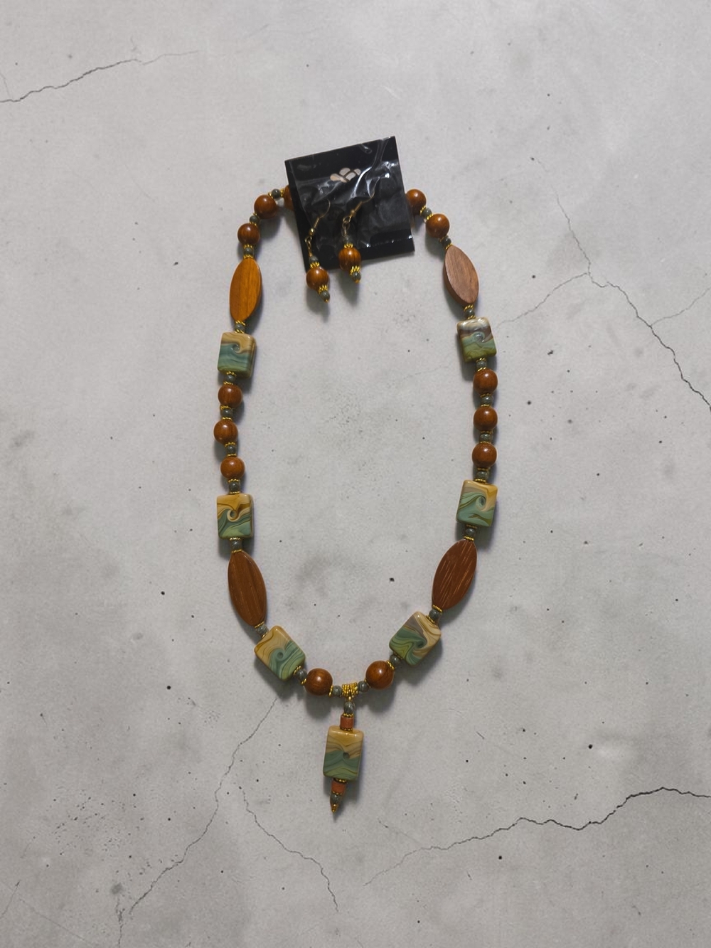 Brown and Green Beaded Pendant Necklace And Earrings